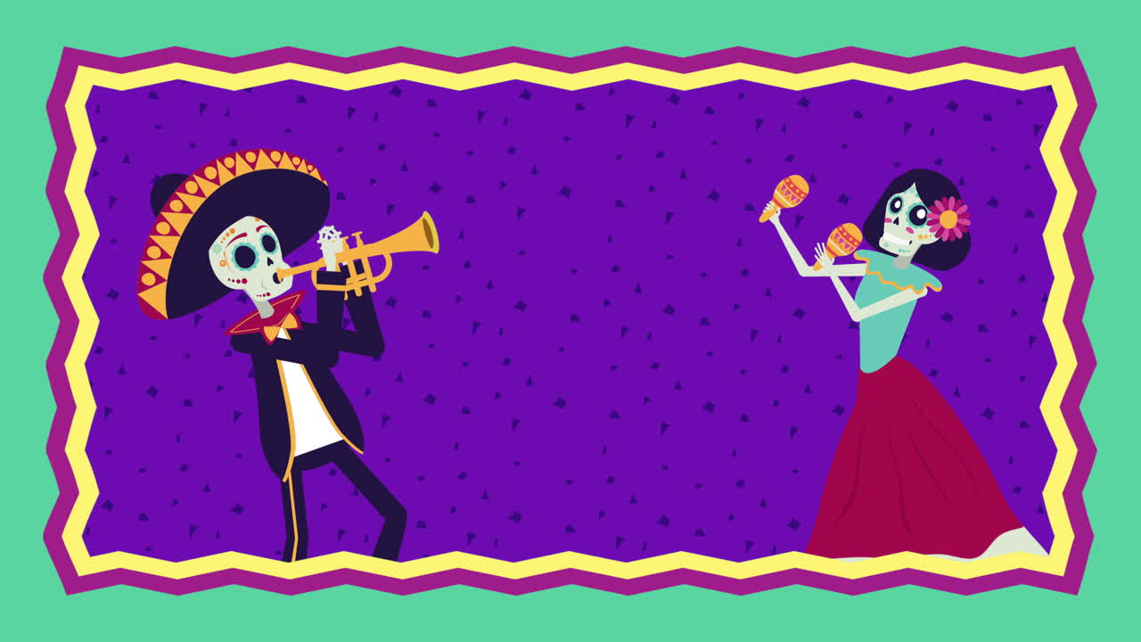 animazione viva mexico con i personaggi di mariachi e catrina skulls