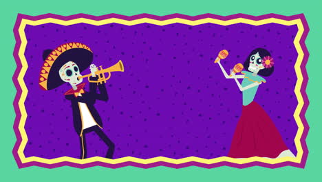 animación viva mexico con personajes de mariachi y catrina skulls