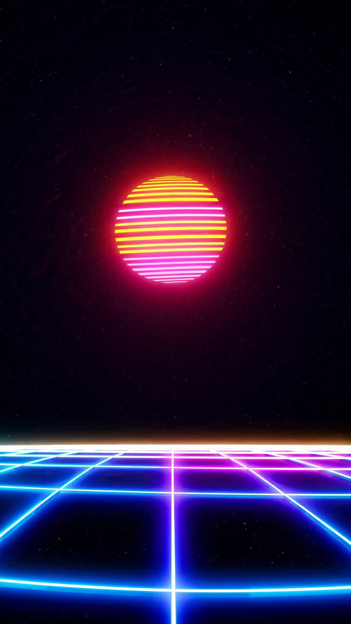 Concetto video retro-futuristico con vista dal basso di una griglia al neon e un sole luminoso contro un cielo stellato