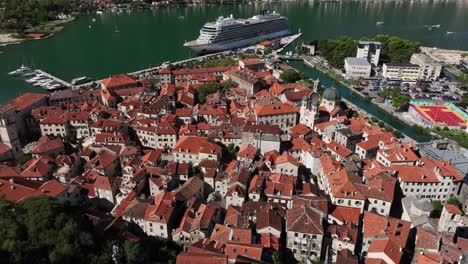 kotor town with port, bay and scurda river in montenegro. - aerial shot