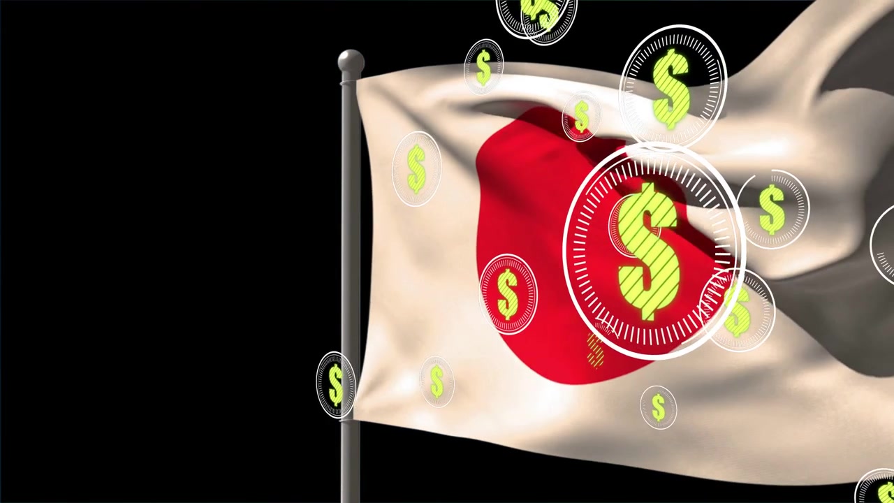 Japanese flag waving while neon-green dollar icons entering from right showing capital flow in CGI