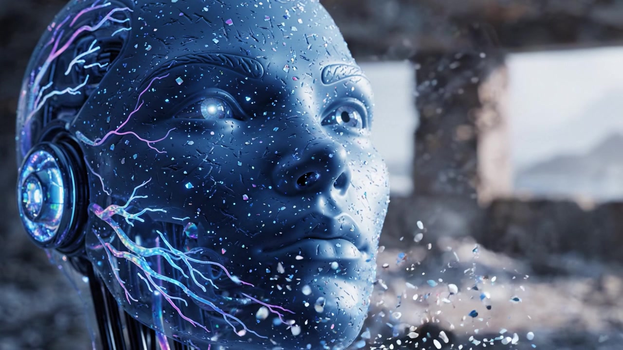 Futuristic humanoid robot with intricate blue circuitry and droplets enhancing its features, set against a blurred background signifying a damaged environment.