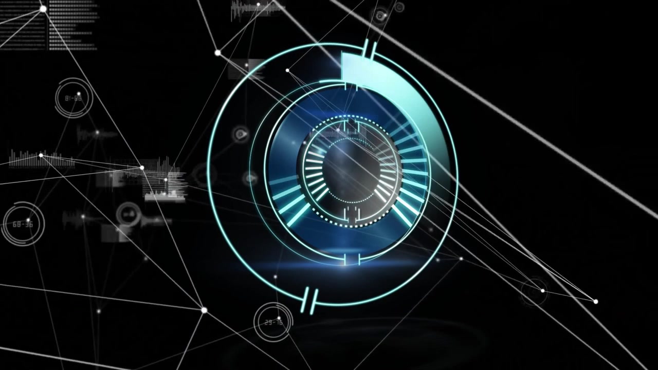 Glowing cyan-blue holographic HUD emerging lighting segments rotating scanning data for analysis
