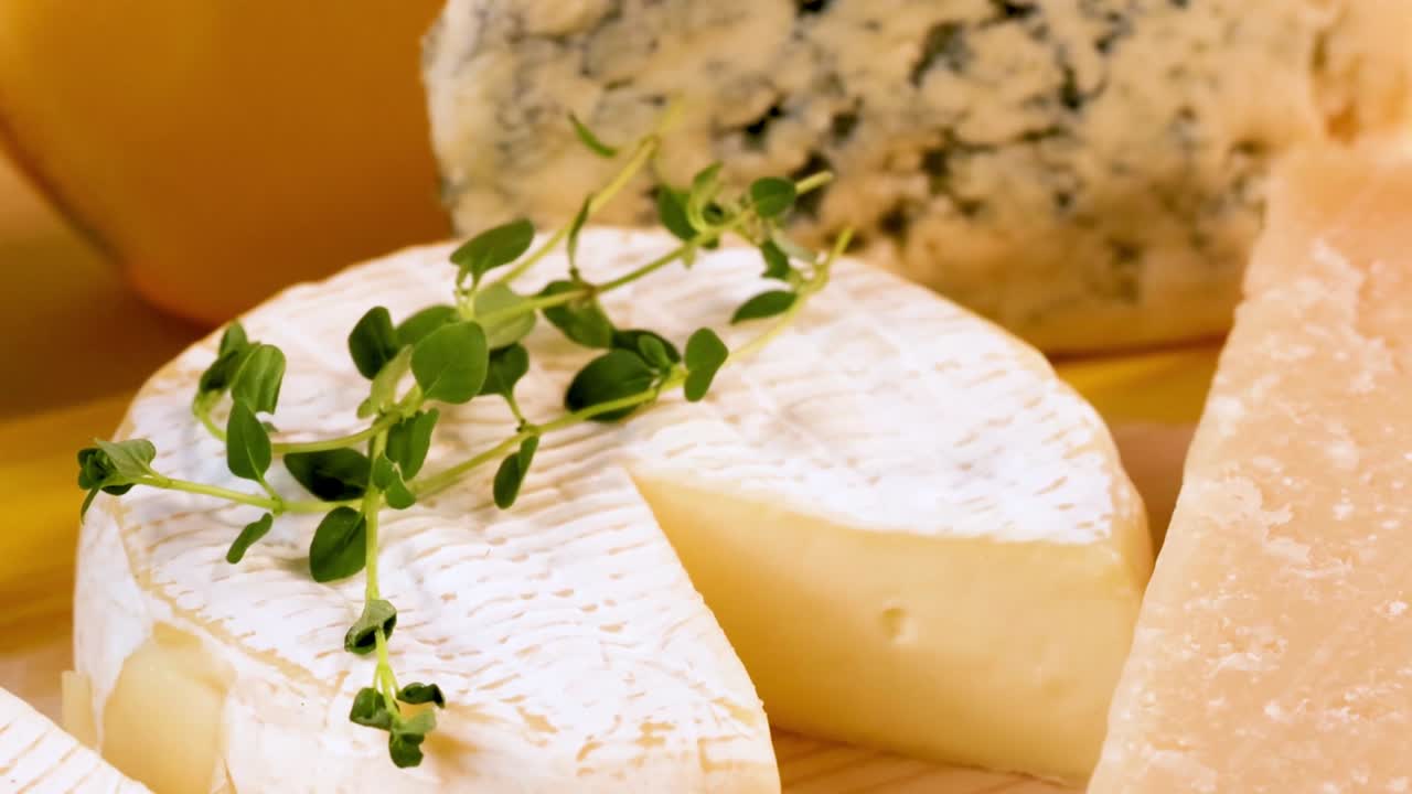 A selection of gourmet cheeses garnished with fresh herbs, showcasing a variety of textures and flavors.