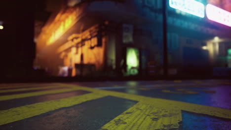 urban nightlife with neon lights reflecting on damp pavement at dusk