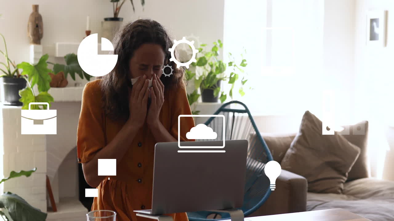 Animation of icons and data processing over caucasian woman using laptop