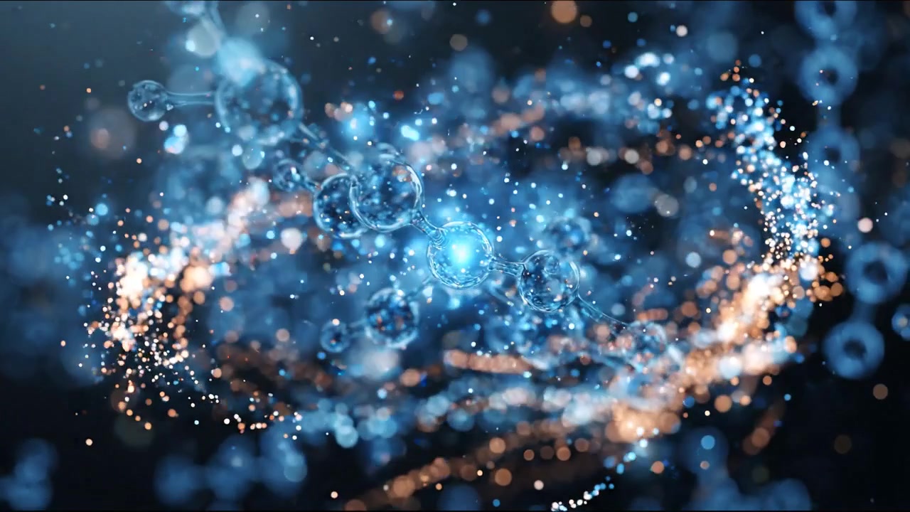 Bolle microscopiche blu raggruppate in un ambiente fluido scuro in filmati scientifici dettagliati