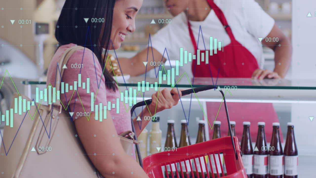 Animação de processamento de dados sobre atendente de loja e cliente diversos fazendo compras