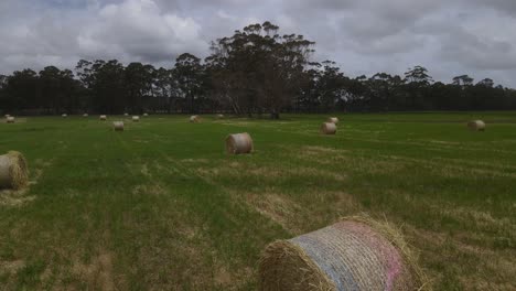 Luftbahn-Zu-Landwirtschaftlichen-Feldern-Mit-Vielen-Grasballen-An-Einem-Bewölkten-Tag-In-Margaret-River,-Westaustralien