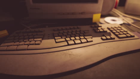 detailed view of a vintage computer keyboard on a cluttered desk at night