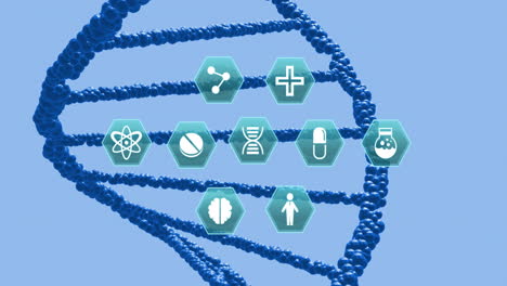 Animation-Medizinischer-Symbole-über-DNA-Auf-Blauem-Hintergrund