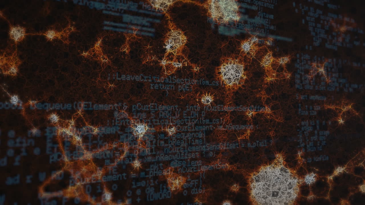 Animation of molecules over data processing on black background