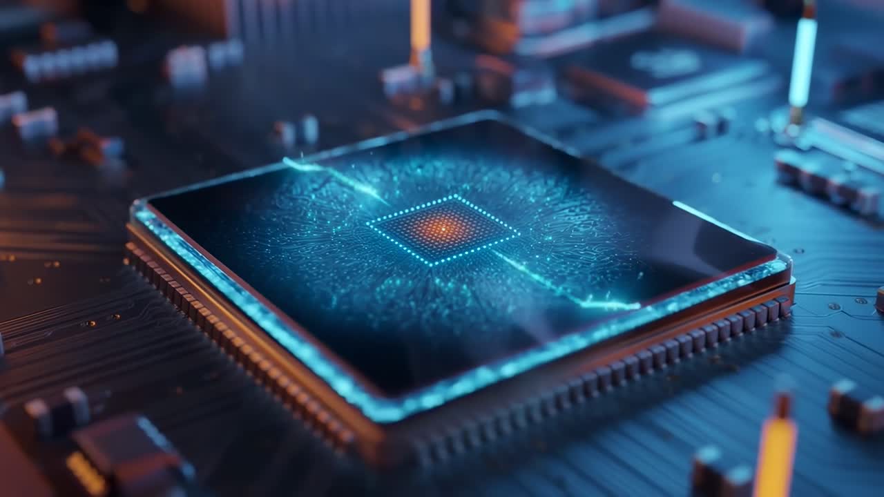 Video in primo piano di un microchip su una scheda di circuito, che mostra dettagli intricati e luci brillanti