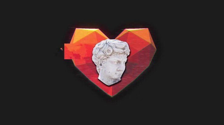 Animation of antique sliced head sculpture over red heart on black background