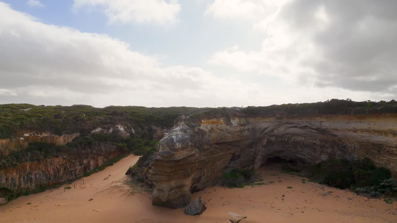 Drone footage captures the dramatic cliffs and ocean waves at Port Campbell, Australia, under a partly cloudy sky