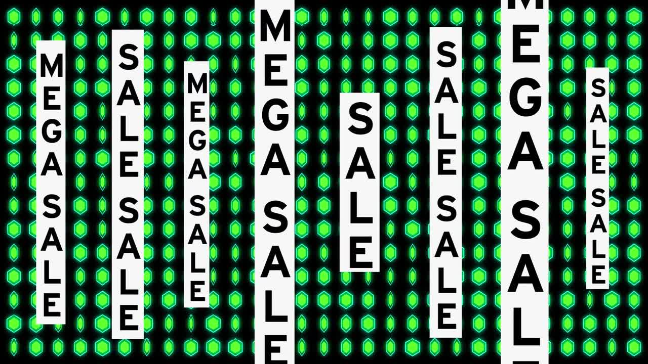 animación del texto de venta sobre filas de discos verdes parpadeantes sobre fondo verde