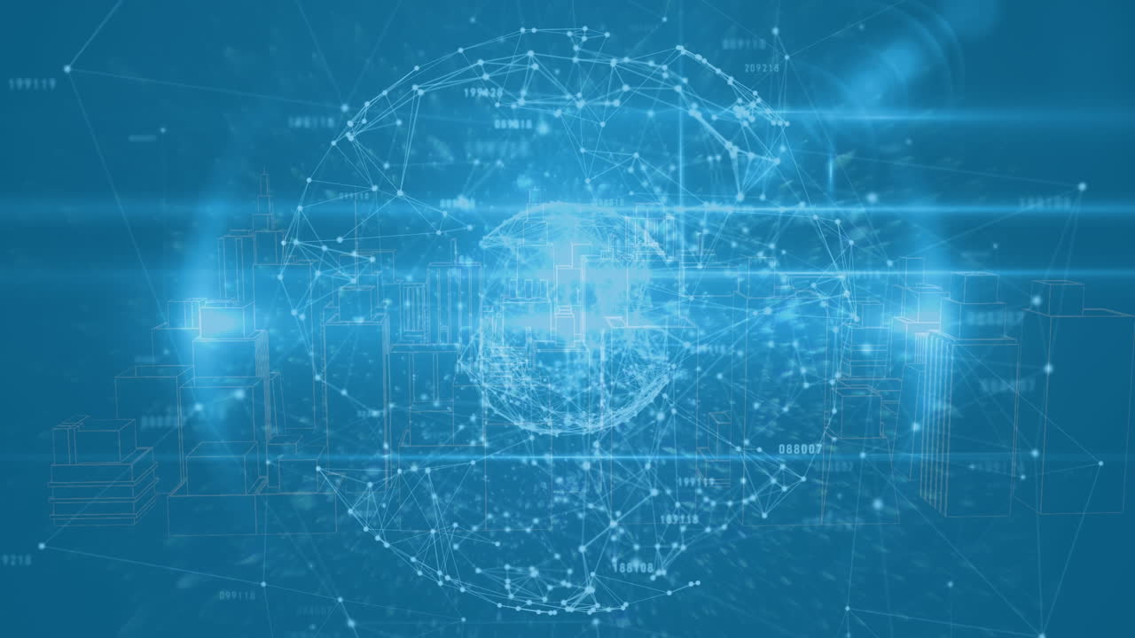 파란색 배경에 디지털 도시에 대한 연결의 지구의 애니메이션