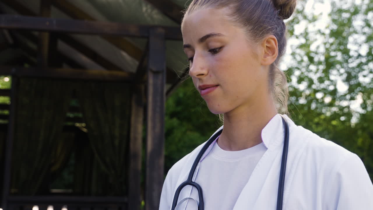 mujer con estetoscopio al aire libre