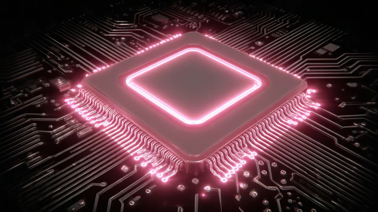 A Close-Up View of a High-Tech Microprocessor on a Circuit Board, Highlighted by Vibrant Pink Lighting and Sophisticated Electronic Connections