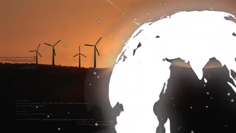 Animation-of-globe-rotating-over-wind-turbines-at-sunset