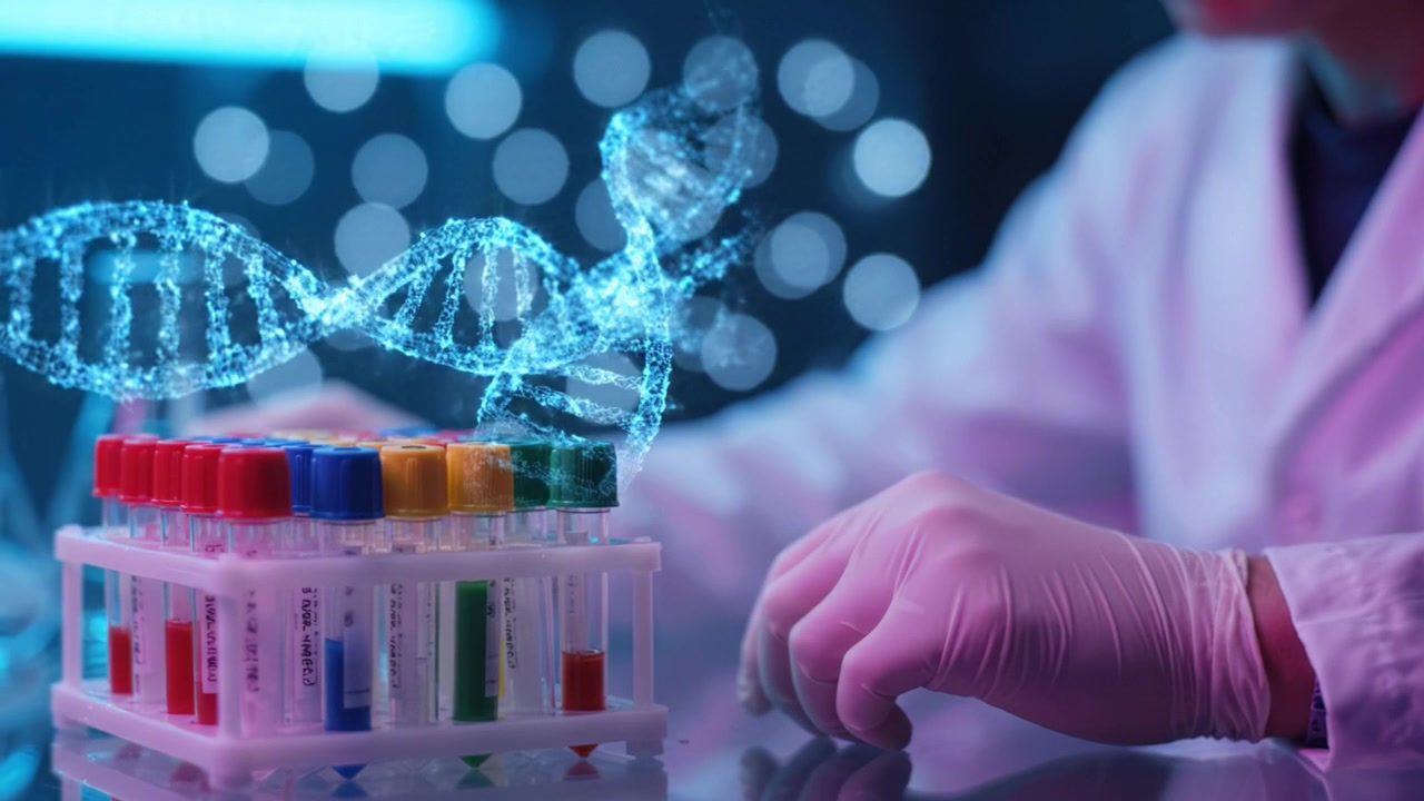 A lab technician analyzes colorful test tubes containing samples, with a digital representation of DNA strands overlaying the scene, signifying advanced scientific research.
