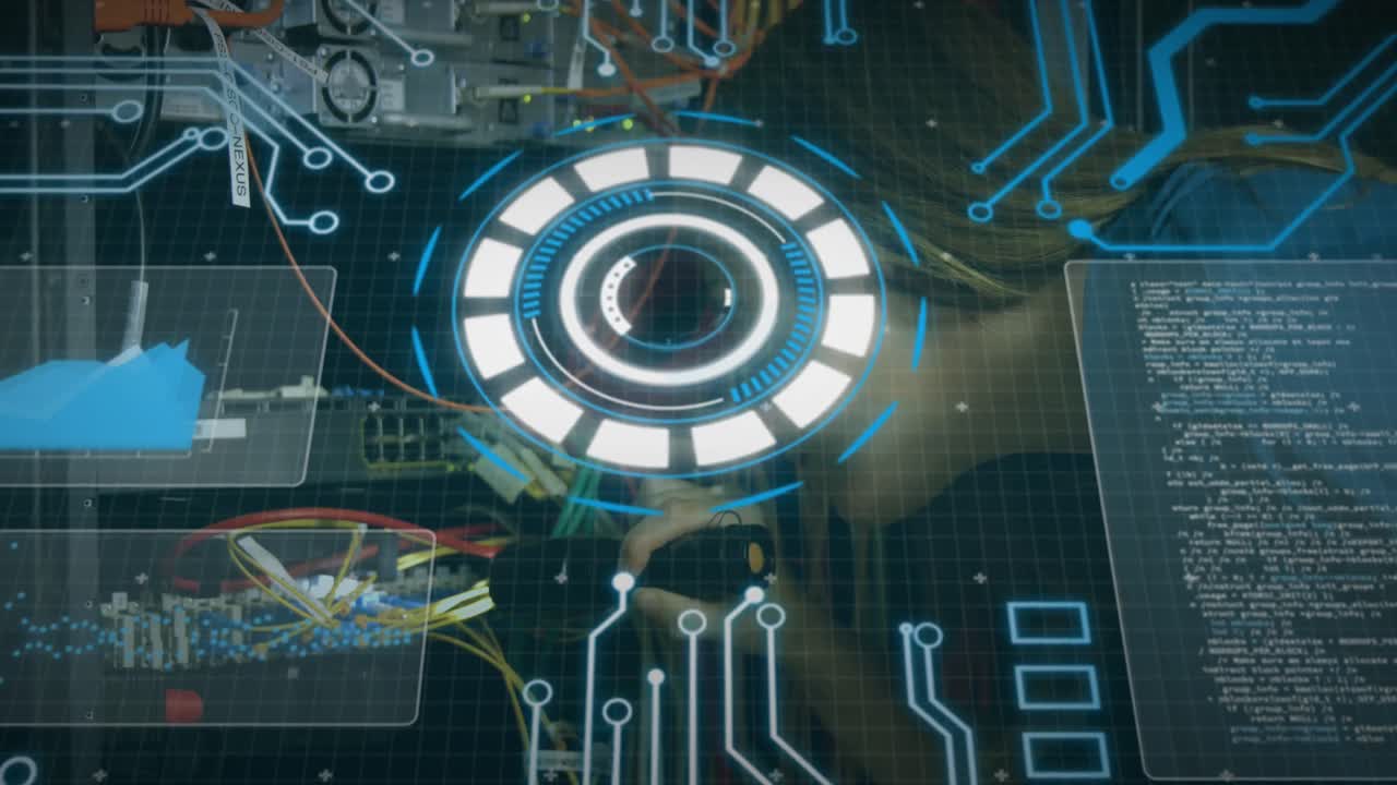 animación del escaneo del alcance y el procesamiento de datos a través de cables en el servidor informático