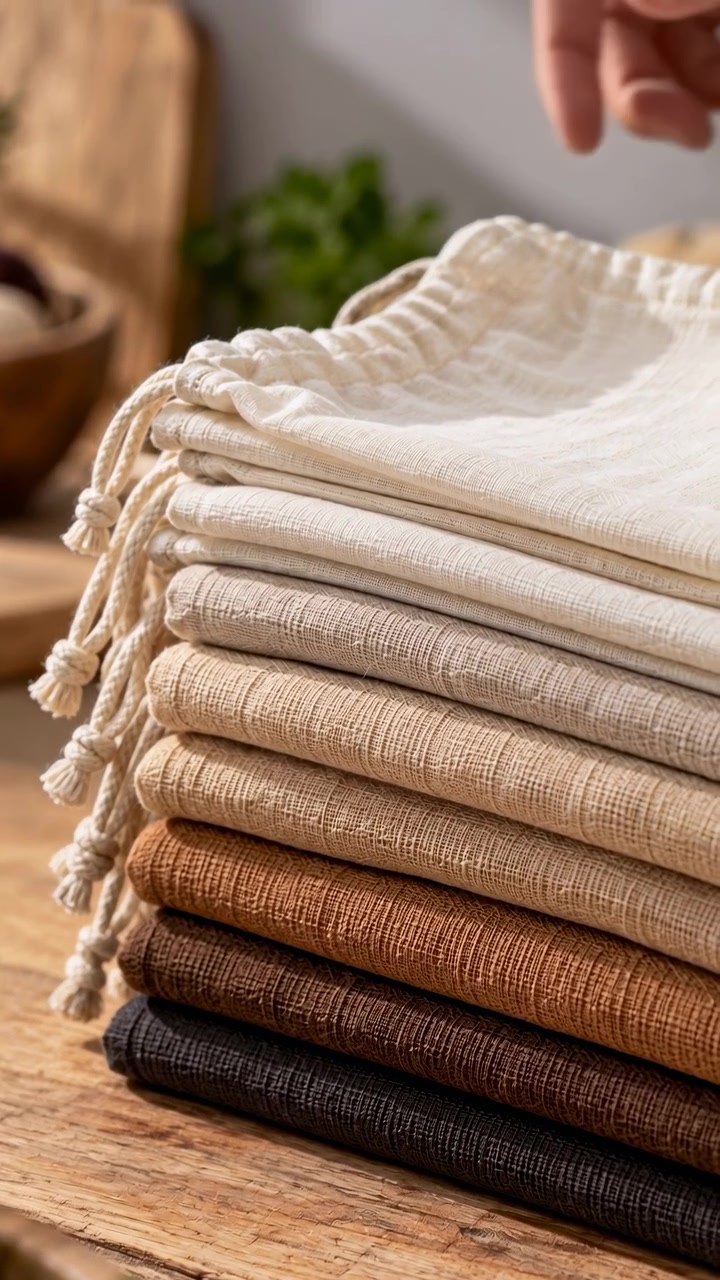 Close view shows folded drawstring pouches arranged from cream to dark brown as a hand grasps and raises the upper bag, with visible woven texture, cords, and warm wooden surface.