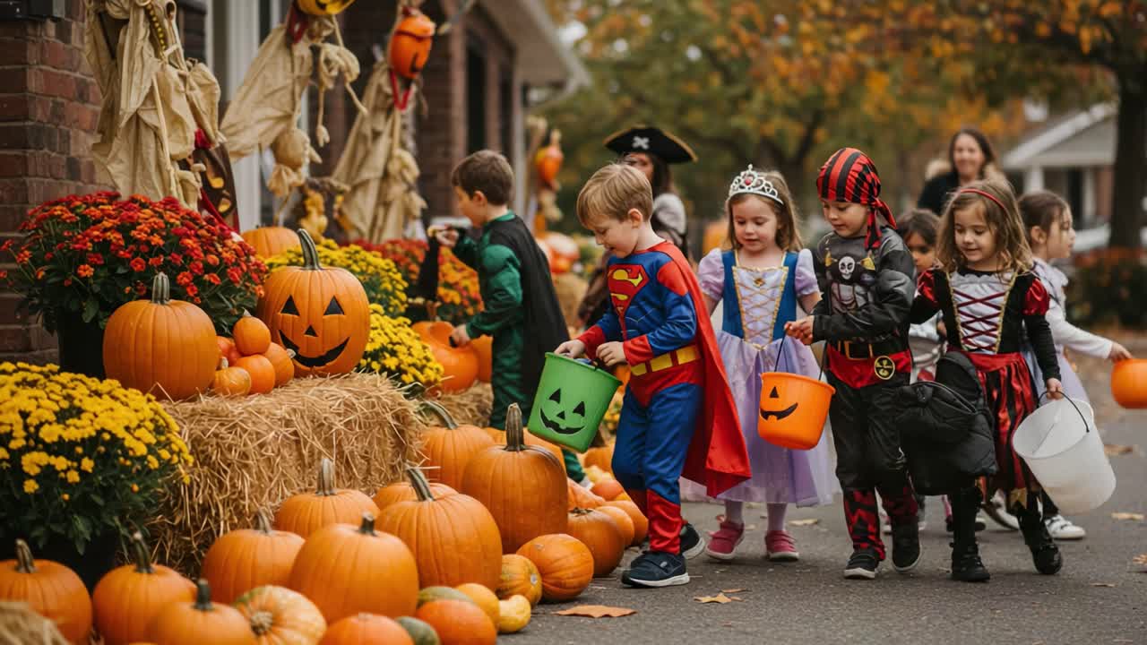 A Festive Halloween Gathering: Children in Colorful Costumes Collecting Treats Amongst Vibrant Pumpkins and Autumn Decor