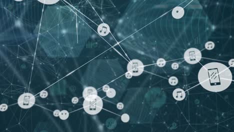 Animation-of-network-of-connections-with-icons-and-data-processing-over-hexagons