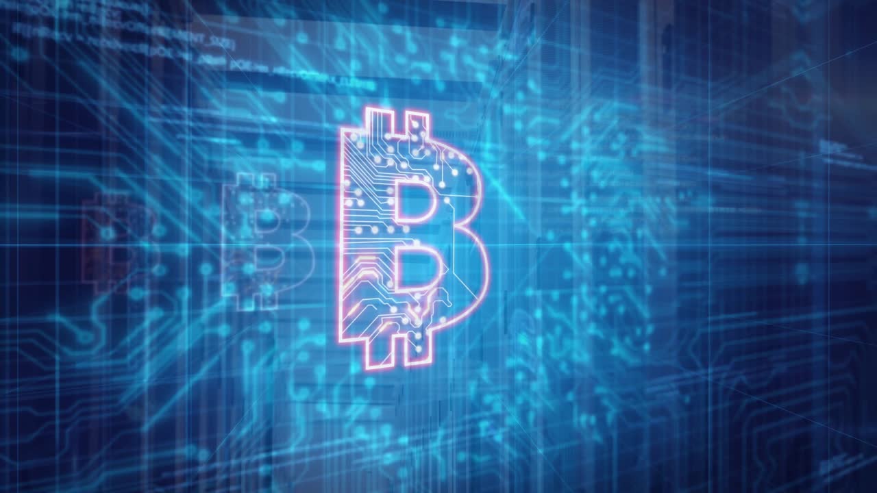 Lens flare emerging, bitcoins converging on pink bitcoin B forming halo visualizing blockchain flow