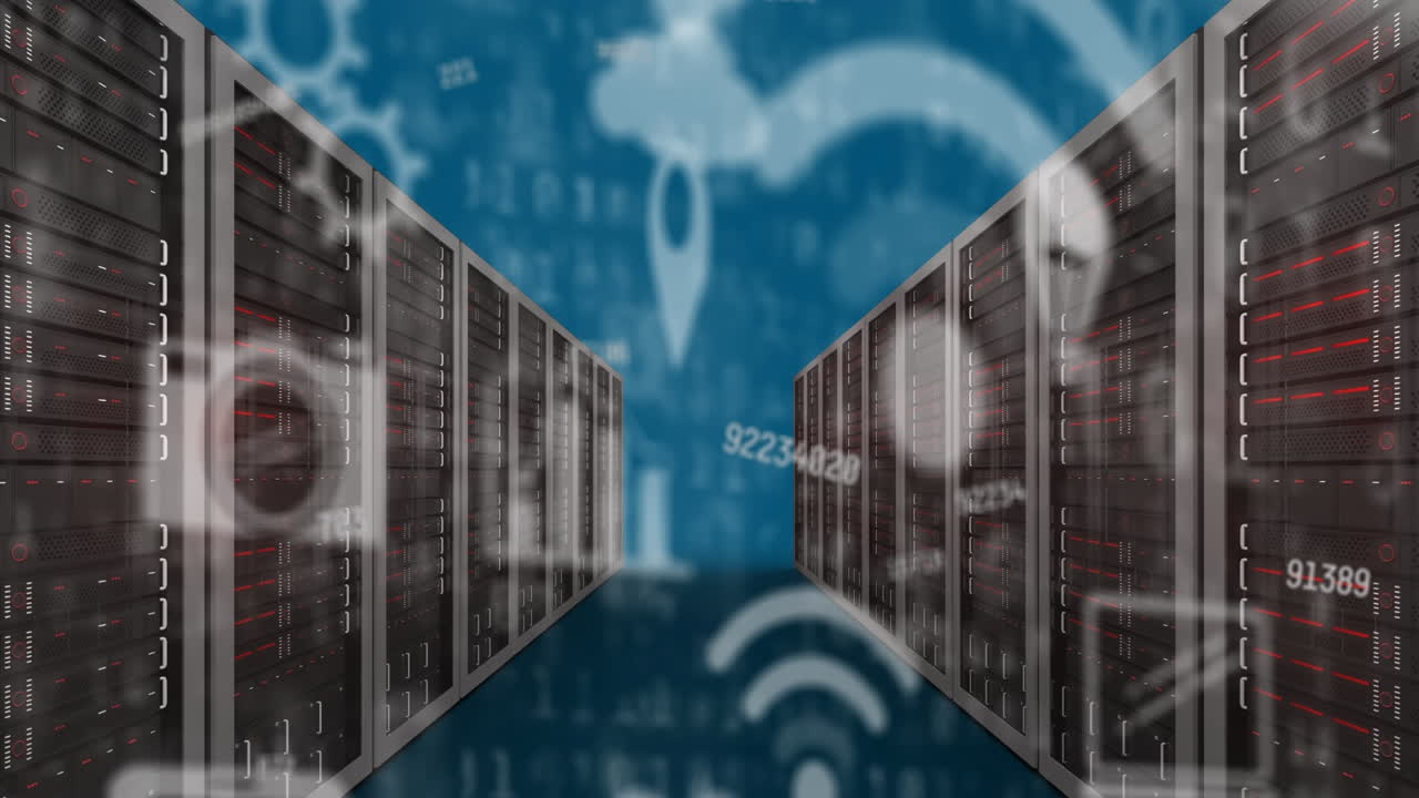 animación de múltiples iconos y números cambiantes contra la sala del servidor en fondo azul.