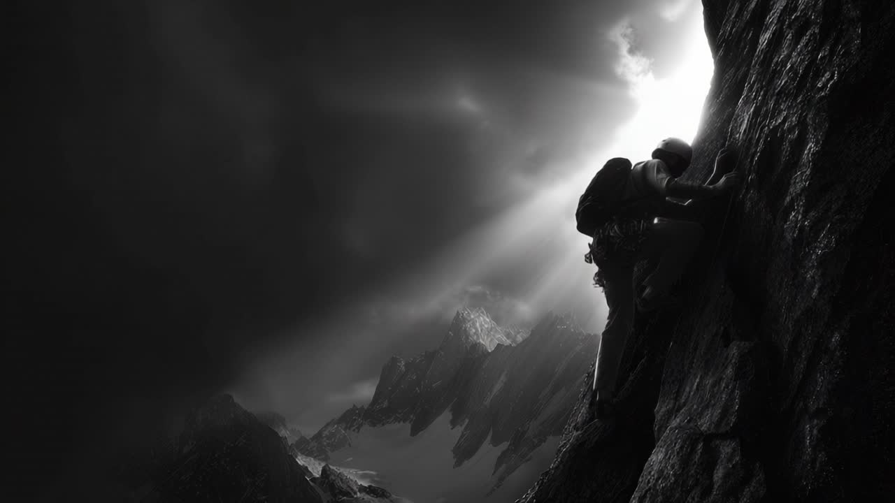 Un escalador decidido asciende una escarpada pared de montaña bajo una iluminación dramática, mostrando la lucha y el triunfo de escalar alturas en condiciones desafiantes.