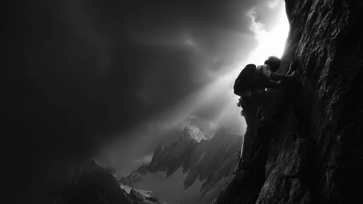 Un alpinista determinato scala una parete rocciosa aspra sotto un'illuminazione drammatica, mostrando la lotta e il trionfo di scalare le altezze in condizioni difficili.