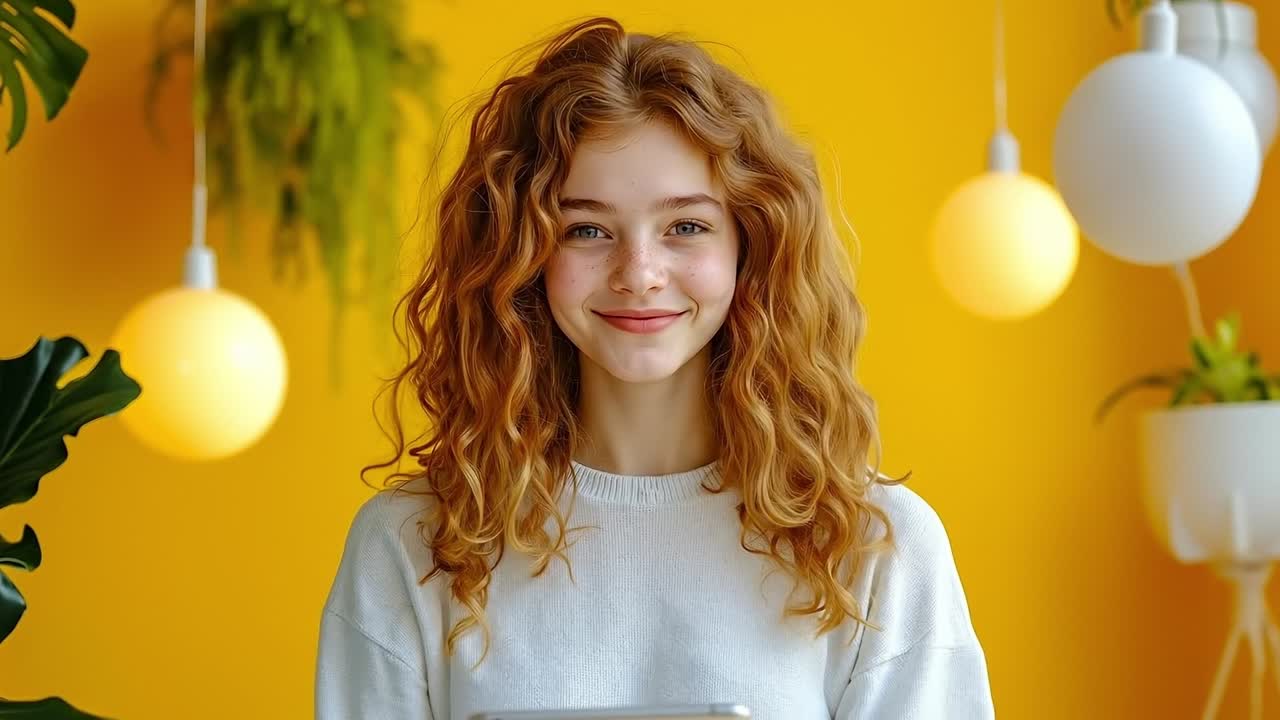 A young girl with long curly hair standing in front of a yellow wall
