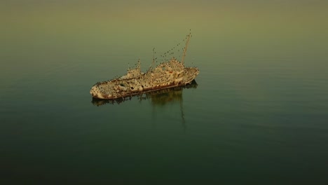 cinematic clips of an abandoned harbor at sunset where birds turned most of the remaining rusty boats into their own nests-“islands”.