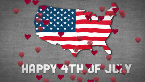 animación de feliz cuarto de julio texto sobre corazones rojos y mapa de américa con bandera