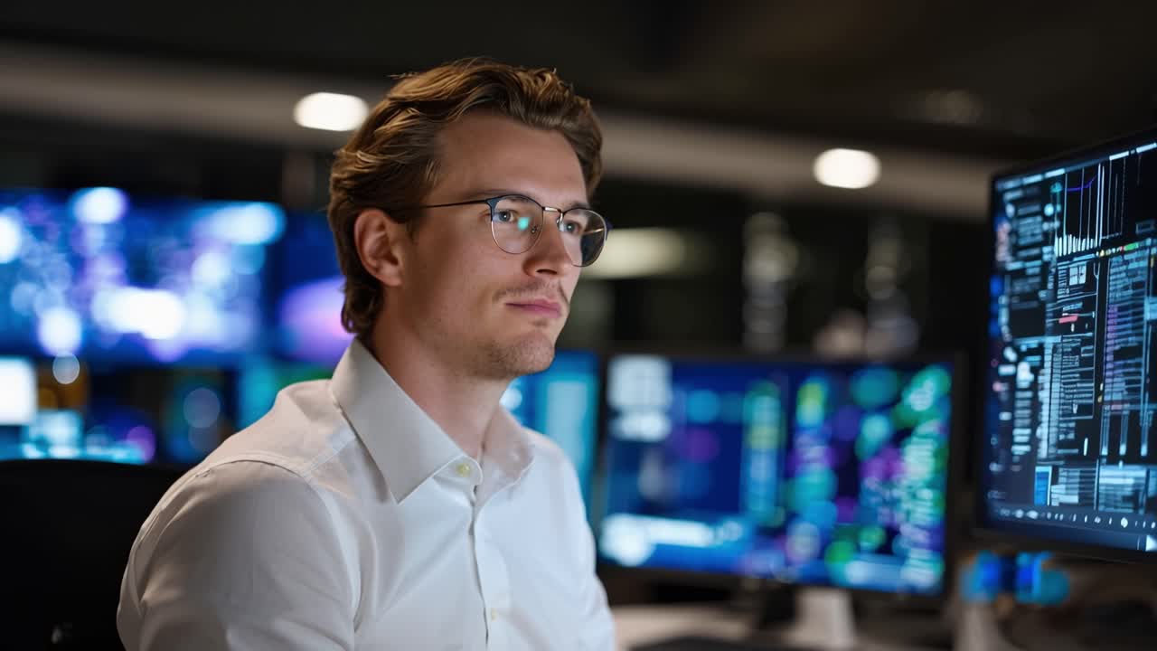 Fokuseret professionel analyserer data ved en computerterminal, dybt i tanker, omgivet af farverige grafer og digitale skærme i et moderne kontormiljø