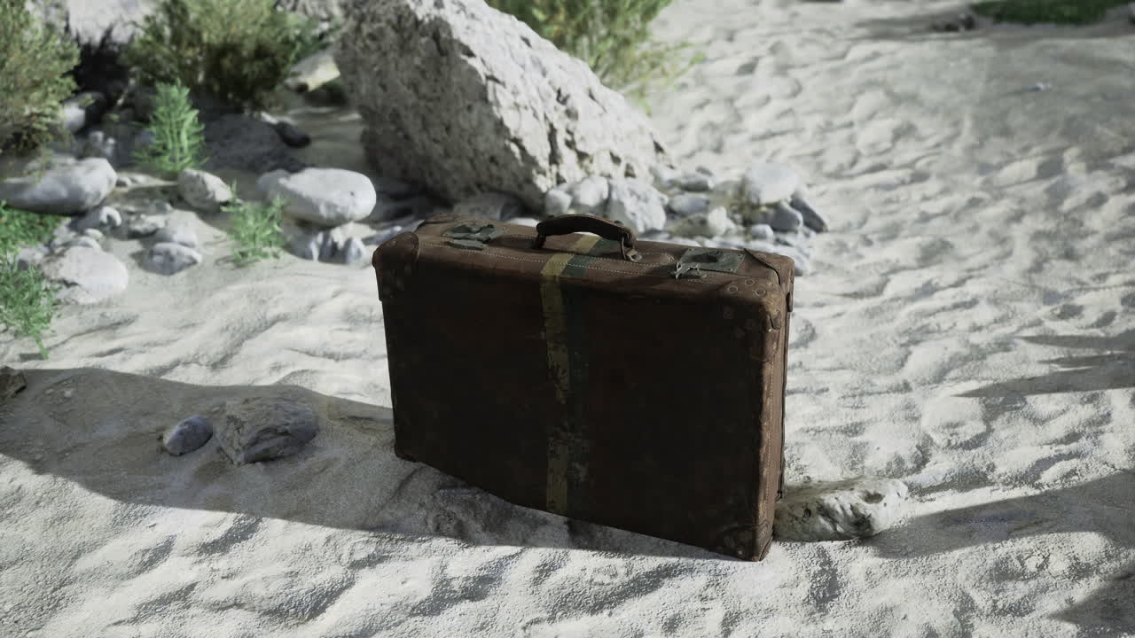 Old leather suitcase abandoned in a desert landscape during the day