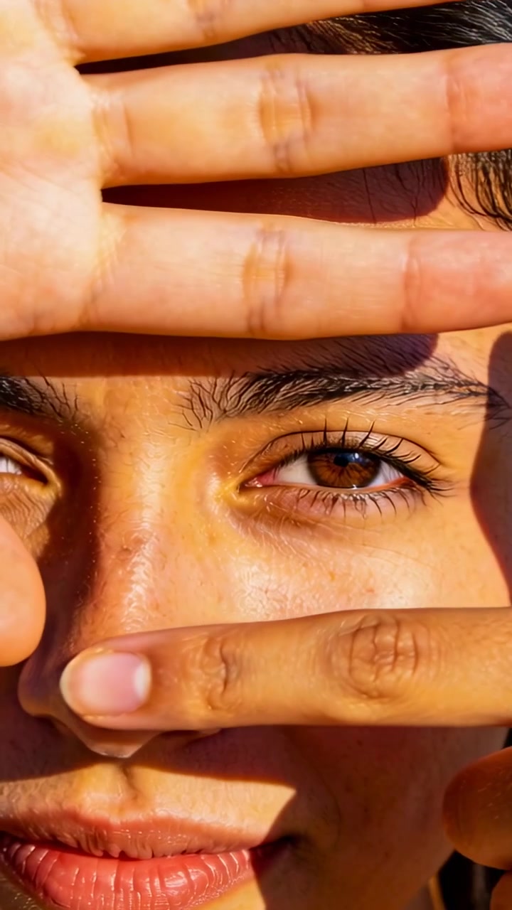 Vertical video: Peeking woman moving hands across face in sun as light prompts, revealing brown eye