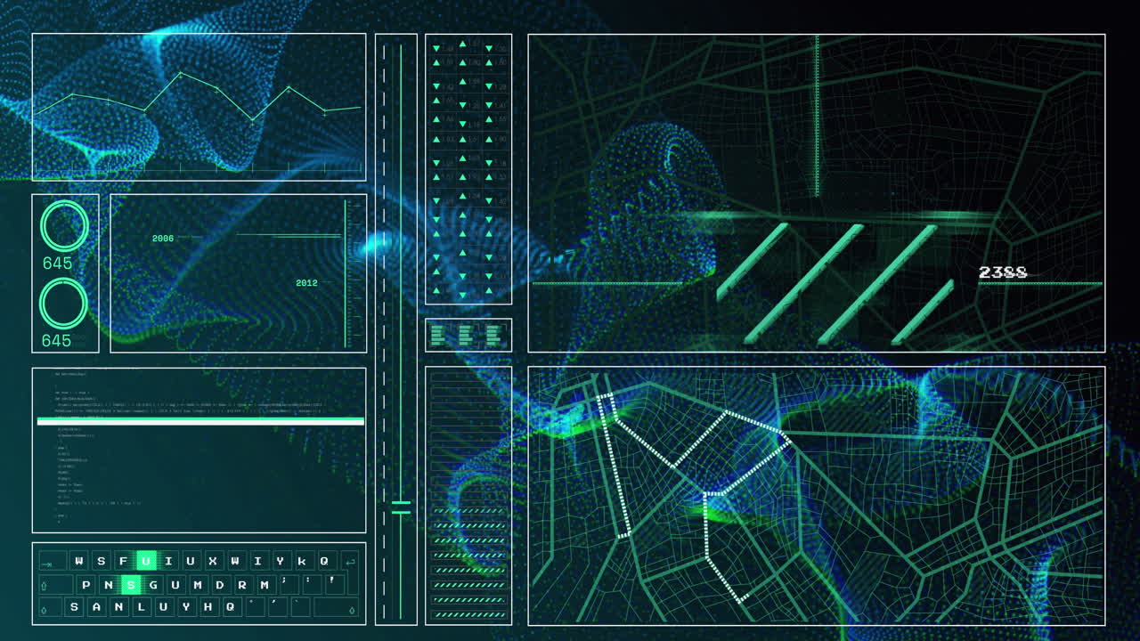 Animation of graph, computer language, loading circles, navigation pattern over dynamic waves