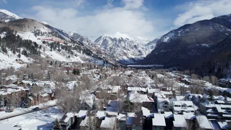 Low-flying-drone-shot-over-the-town-of-Telluride-Colorado-in-winter-months