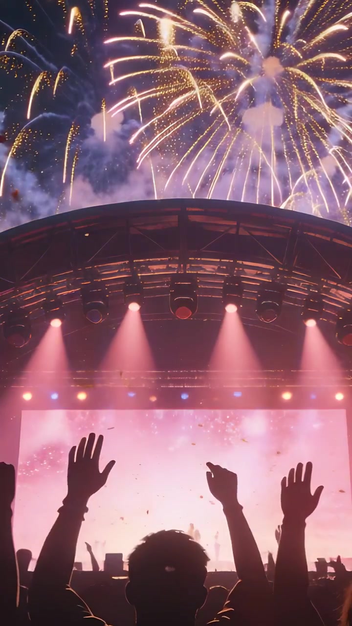 Video verticale: fuochi d'artificio che esplodono, folla al buio che alza le mani e filma a un concerto con coriandoli.