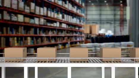 Multiple-delivery-boxes-on-conveyor-belt-against-warehouse-in-background