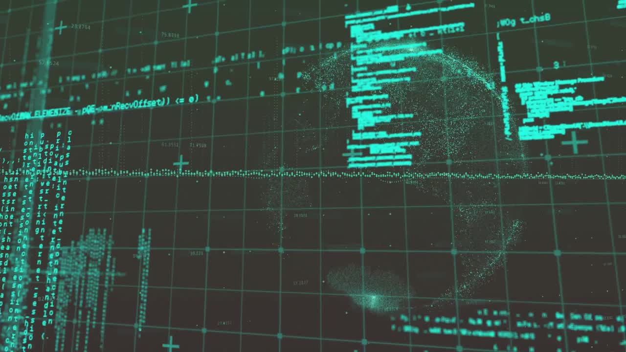 Animation of digital screen with globe and data processing