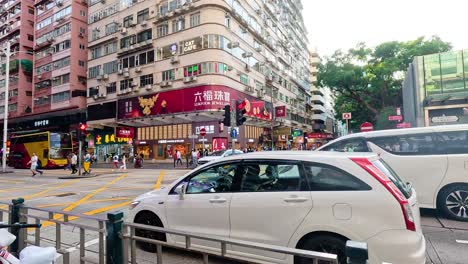 traffic and pedestrians at a bustling intersection