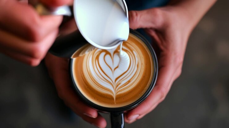 Brocca di metallo che entra, barista con una maglia scura che tiene una tazza nera al bancone del caffè, versando un cuore.