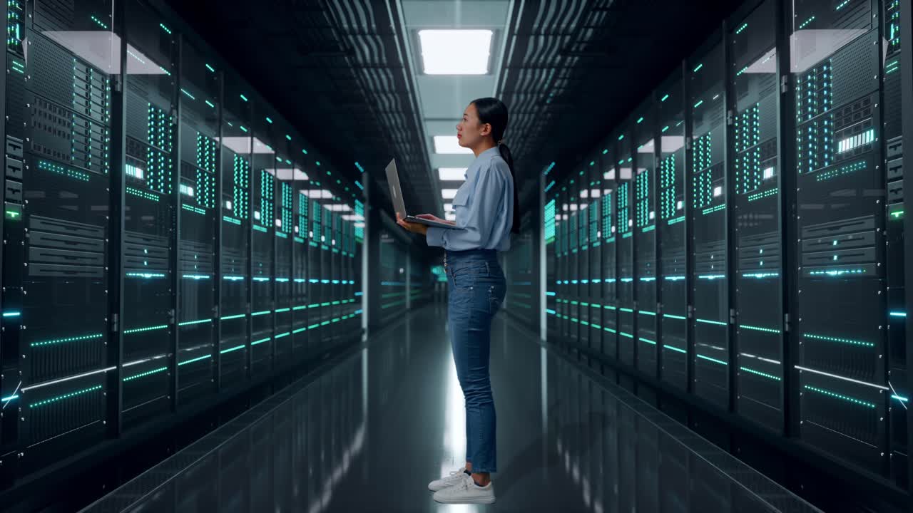 Vista laterale a figura intera di una donna asiatica in una sala server di un data center, che osserva guardando in alto prima di concentrarsi sul laptop e continuare a digitare.