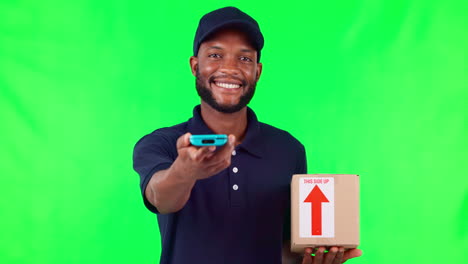 Black-man,-box-and-pos-machine-on-green-screen