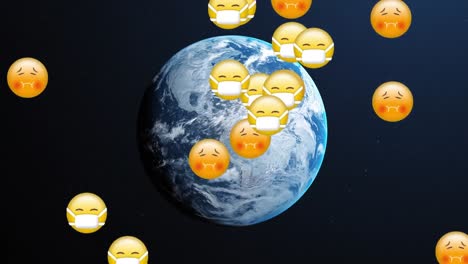 Multiple-sick-face-emojis-falling-against-spinning-globe-on-blue-background