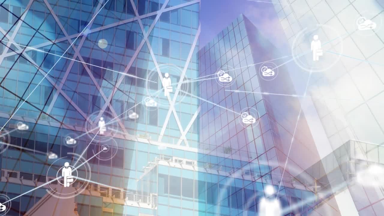 デジタルアイコンのネットワークのアニメーション 高い建物の低角度ビュー